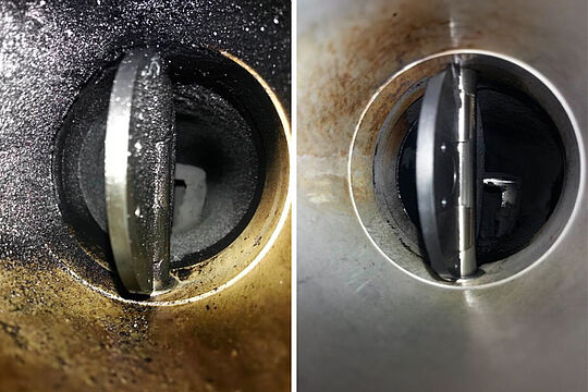 Close-up of a butterfly valve before and after cleaning